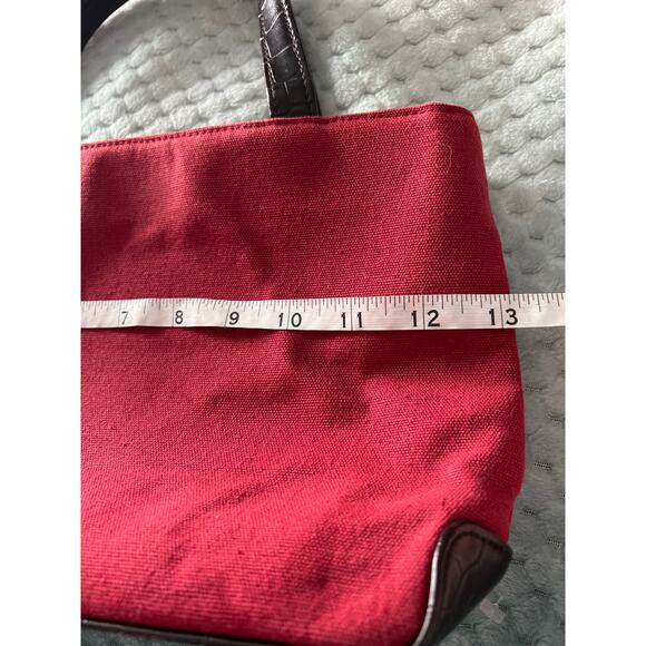 Saks Fifth Avenue Red Canvas Tote Purse with Black Croc-Embossed Handles - Picture 7 of 8